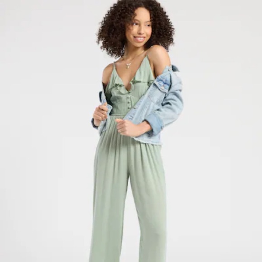Dry Goods Light Sage Ruffled Wide-Leg Jumpsuit